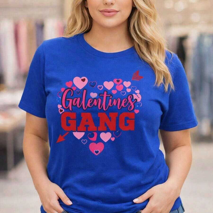 Women's Short Sleeve Cotton Graphic T-Shirt, Casual Style, Heart Print, Loose Fit, For Valentine's Day, Various Sizes - 藍色 - 查看 1