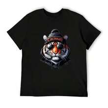 Camiseta de la mascota del equipo estatal de fútbol americano "Cincinnati Tiger Head" con gafas de sol y gorro, de manga corta, estilo oversized, de algodón grueso clásico, con estampado gráfico, top casual de manga corta para mujer. - Negro - Ver 6