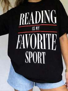 Suave Últimas camisetas gráficas de verano para mujer, camiseta vintage con la frase "La lectura es mi deporte favorito", camiseta para amantes de los libros, lector de libros, profesora de inglés, camiseta para bibliófila, camiseta de bibliotecaria, amante de los libros, camiseta de algodón 100% de manga corta, camiseta clásica de algodón grueso con estampado gráfico, top casual de manga corta para mujer, camisetas deportivas de manga corta, atuendo para conciertos de country, blusas de algodón para mujer,  mujer, blusa para mujer, ropa deportiva de mujer. - Negro - Ver 2
