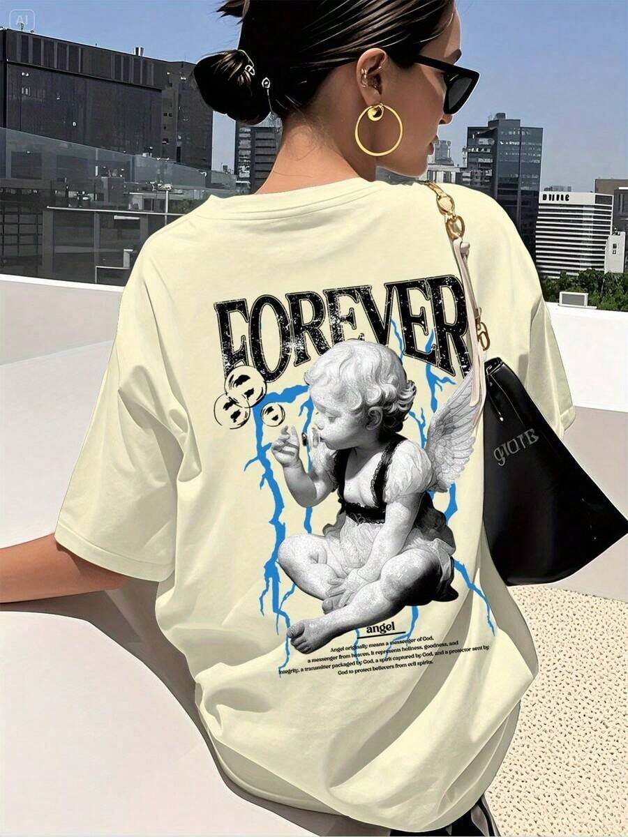 Suave Camiseta de manga corta estilo casual Y2K para mujer, con estampado de letras y diseño de niña ángel, 200g de algodón puro, mujer, blusa para mujer, ropa deportiva de mujer - Albaricoque - Ver 1