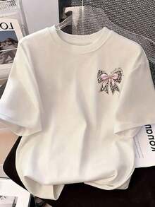 Camiseta de manga corta con cuello redondo y estampado de leopardo con lazo para mujer - Blanco - Ver 5
