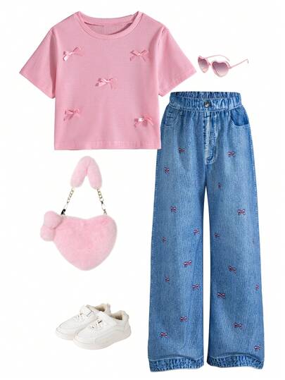2pcs Girls Casual Outfits - Solid Color Bow Decor Short Sleeve Top And Butterfly Print Faux Denim Pattern Pants, Summer