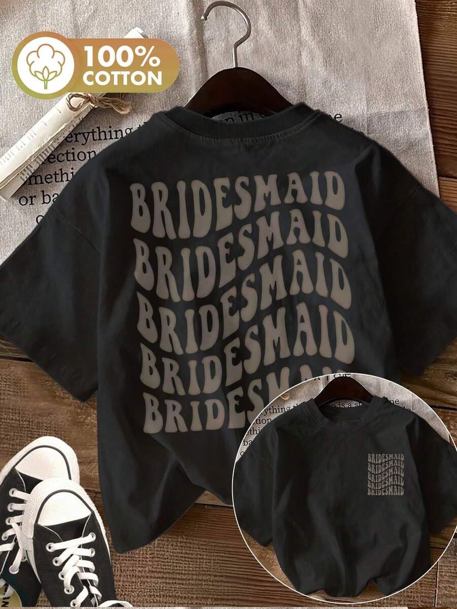 Double-Sided Print On The Front And Back, Wedding Season, Women's Spring/Summer Clothing, Women's Top, Pop Art Style, Repeated "BRIDESMAID" Lettering, Comfortable, Casual, Short Sleeve, Crew Neck, Sheer T-Shirt - 黑色 - 查看 1