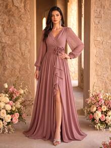 SUPGIR Women V-Neck Long Sleeve Waist Handmade 3D Floral Decor High Slit Dress, Elegant Evening Gown, Party Dress, Wedding Guest Dress, Formal Dress Spring - 藕粉色 - 查看 6