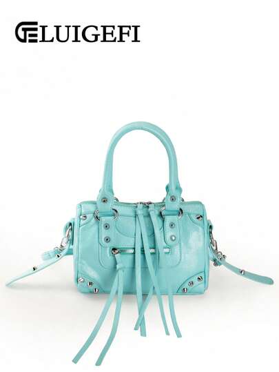 1pc Baby Blue Patchwork Rivet Studded Tassel Zipper Decor Vintage PU Material Strap Decor Rivet Studded Dual Handle Adjustable Long Shoulder Strap Zipper Closure Retro Sweet Punk Y2K Style Square Handbag, Casual Low-Key Luxury Women Crossbody Bag Fits Phone, Card Holder, Suitable For Daily, Travel, Shopping , Punk
