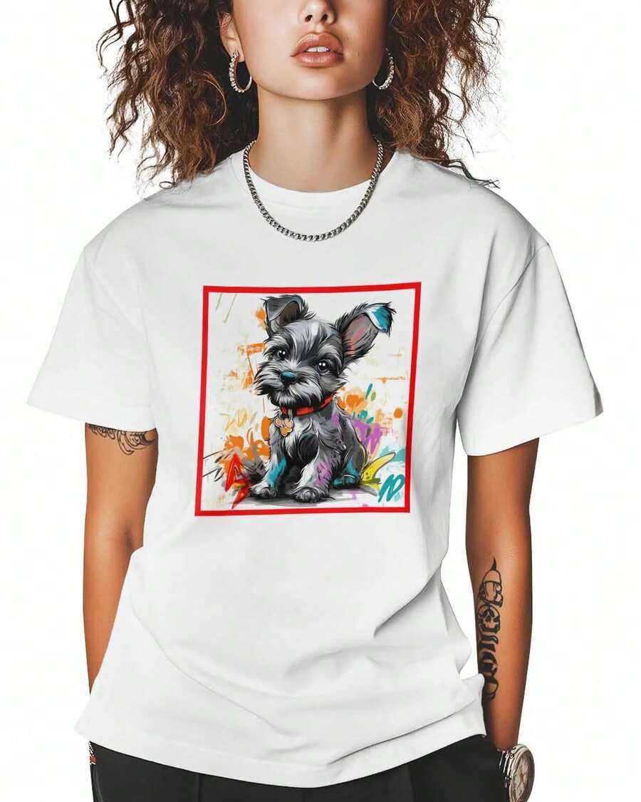 Camisetas para Mujer de Manga Corta, Cuello Redondo de Algodón, con Estampado de Perro o Cachorro, Borde Rojo, Camisetas Básicas Casuales, Tallas XS-5XL, Blanco 5XL - Blanco - Ver 1
