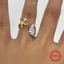1 pieza Anillo de plata de ley 925 con diseño de estrella de mar y concha, adecuado para verano, playa, fiesta, uso diario, regalo para amigos y familia - Dorado - Ver 10