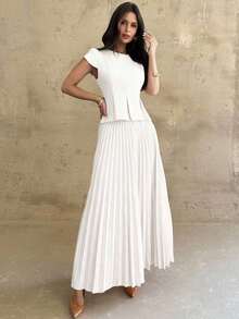 Conjunto elegante de 2 piezas con camisa de mangas cubiertas y dobladillo plisado y minifalda plisada de unicolor para mujer - Negro - Ver 7