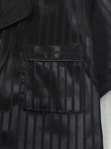 女士白色条纹缎面短袖翻领上衣和蝴蝶结短裤睡衣套装，2件套，春夏款 - 黑色 - 查看 5