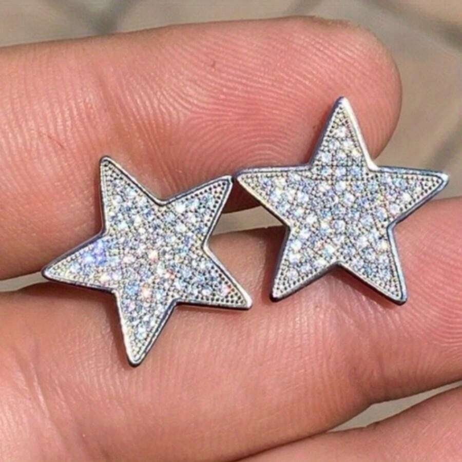 Luxury Copper Carved Five-Pointed Star Earrings, Inlaid Synthetic Zirconia Earrings, Unisex, Hip-Hop Earrings As Gifts For Boyfriend/Girlfriend - Silver - View 1