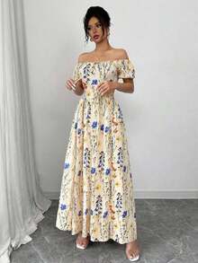 Vestido casual de verano de  con estampado floral elegante, manga abullonada, cintura ceñida, escote halter y espalda con lazo, en color albaricoque, para ocasiones de vacaciones, Día de San Valentín, graduación y playa - Azul y blanco - Ver 11