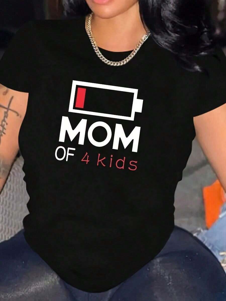 1 pieza de camiseta de mujer 100% algodón con estampado creativo de "Mamá de 4 hijos" y diseño de batería, camiseta casual sencilla, camiseta de algodón pesado de 220g para mujer, ideal para Navidad (1 pieza) 180g 100% algodón. - Negro - Ver 1