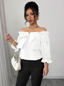 Camisa de mujer con volantes y lazo, nuevo diseño 2025 - Blanco - Ver 4