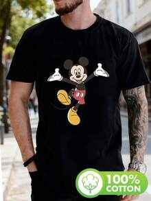 Disney Mickey Mouse Classic Cartoon Character Dynamic Cheerful Pose Red Shorts Yellow Shoes Print T-Shirt, Short Sleeve Crew Neck Casual Top For Summer And Spring, Men'S Clothing - màu đen - Xem 1