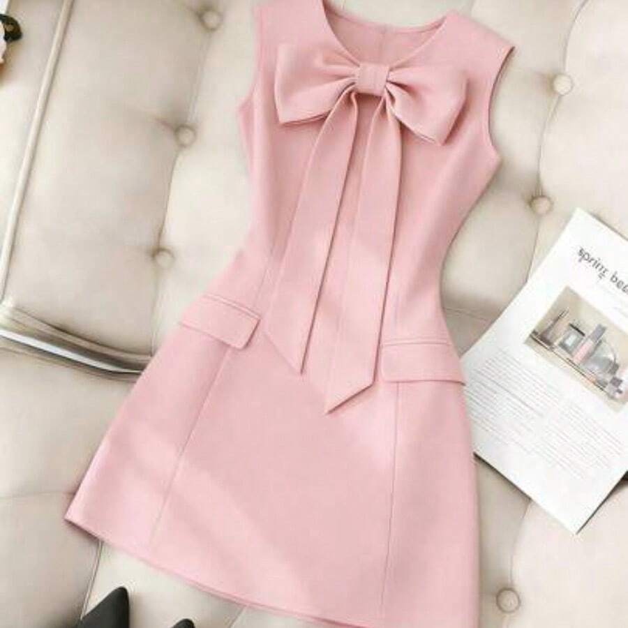 Nana's Women's Clothing Store Vestido de mujer de unicolor, cuello redondo, ajustado, con lazo delantero y sin mangas - Rosa - Ver 1