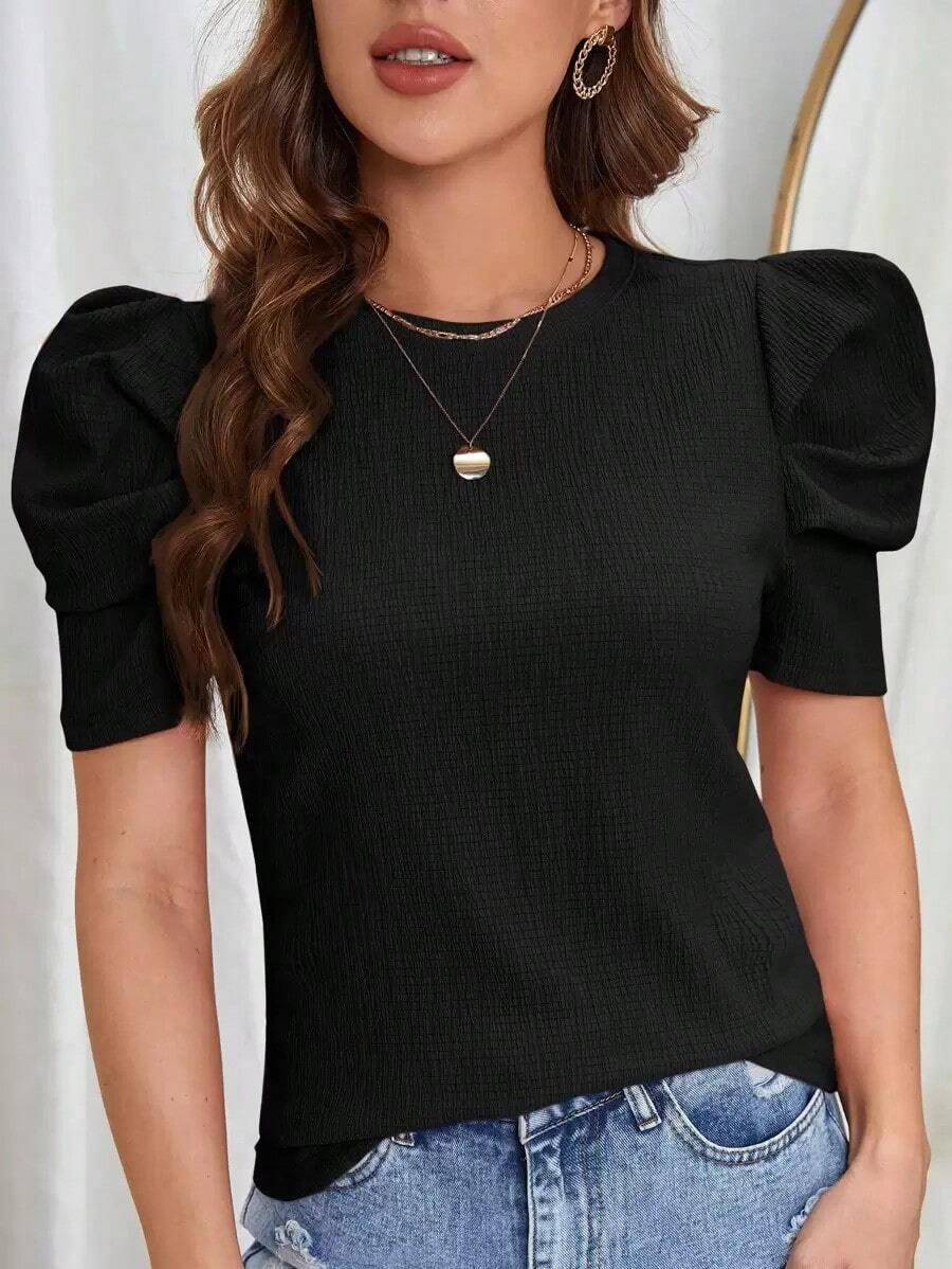 Manga De Globo, Cuello Redondo Con Camiseta De Tela Con Textura - Negro 2 - Ver 1