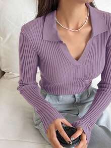 Suéter de punto acanalado con estampado de rayas, ropa de otoño - Púrpura malva - Ver 1