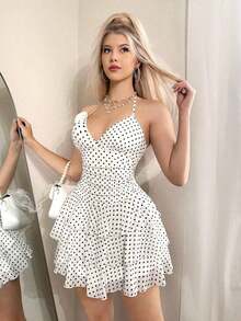 Vestido blanco de mujer con cuello halter, estampado de lunares y decoración floral, de largo midi, con estilo de moda Y2K para verano - Blanco - Ver 6