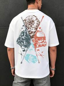 Disney Warriors Double-Sided Print T-Shirt, Men's Retro Pattern Loose Fit Pure Cotton Short Sleeve Casual Street Style T-Shirt - 白色 - 查看 3
