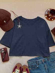Camiseta crop de hombros caídos - Azul marino - Ver 4
