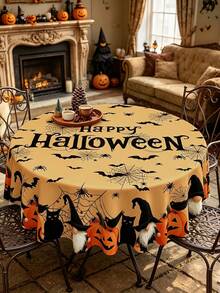 1PC Halloween Themed Polyester Tablecloth – Black Cat & Pumpkin Pattern (Light Orange With Bats & Spiders) – Available In Round (145cm) Or Rectangular (140x180cm) – Festive Table Decor For Halloween Parties And Family Gatherings - Multicolor - View 9