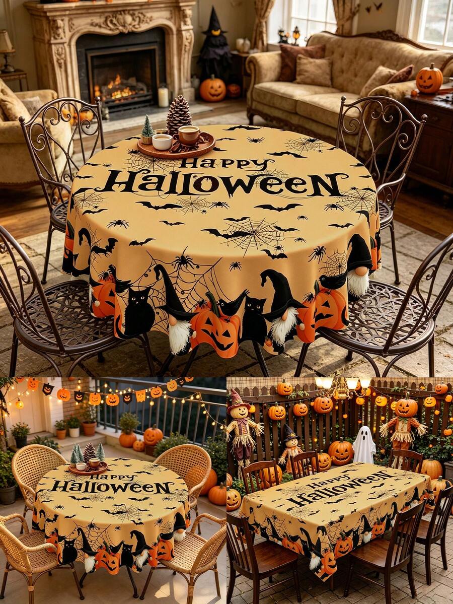 1PC Halloween Themed Polyester Tablecloth – Black Cat & Pumpkin Pattern (Light Orange With Bats & Spiders) – Available In Round (145cm) Or Rectangular (140x180cm) – Festive Table Decor For Halloween Parties And Family Gatherings - Multicolor - View 1