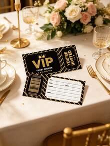 Bộ 20 thiệp mời VIP màu đen và vàng - Thiết kế kiểu vé. Thiệp mời VIP này mang vẻ đẹp tinh tế và sang trọng với hai tông màu đen và vàng, toát lên sự xa hoa độc quyền. Đây là lựa chọn lý tưởng cho các bữa tiệc sinh nhật, họp mặt bạn bè, đám cưới, lễ tốt nghiệp, tiệc theo chủ đề, tiệc kỷ niệm và các sự kiện tương tự. - Một kích cỡ phù hợp cho tất cả - Xem 7