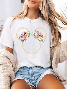 Camiseta gráfica para mujer con la silueta de  y estampado de dibujos animados florales en acuarela. Ropa de verano para mujer con diseño de cuello redondo. Hecho de tela 100% algodón suave y cómoda, perfecto para uso diario, actividades al aire libre o ir de compras. También es ideal como ropa de vacaciones para mujeres. Adecuado como regalo.playera de mujer.blusas>elegante.boho chic,Top de mujer suave, transpirable y cómodo, ideal para primavera, verano y otoño, perfecto para vacaciones, viajes y uso diario. - Blanco - Ver 7