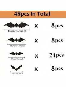 96pcs/48pcs 3D Halloween Bat Wall Decor, Multi-Size Black Realistic Plastic Bat Stickers; Suitable For DIY Halloween Room Decoration, Walls, Windows, Doors And Party Decor, Perfect For Creating Scary Halloween Party Atmosphere, Suitable For Halloween And Christmas - Multicolor - View 8