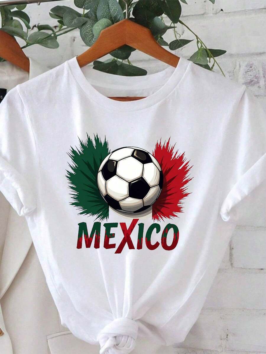 Camiseta de mujer, temática del equipo de fútbol de México, exclusiva para los fans del equipo de México, estampado con el diseño de MÉXICO, talla grande, camiseta de moda casual de cuello redondo para primavera/verano, adecuada para uso diario, compras, fiestas, desplazamientos, versátil, elegante para mujeres, 100% algodón puro. - Blanco - Ver 1