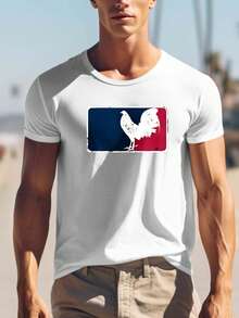 Camiseta para hombre con logo de gallo blanco - Diseño inspirado en el béisbol con gráfico de bloques de color rojo, blanco y azul llamativos - Camiseta estilo streetwear para uso casual, moda urbana y outfits diarios - Regalo perfecto para fans del deporte y amantes de la ropa de moda - Oscuro - Ver 9