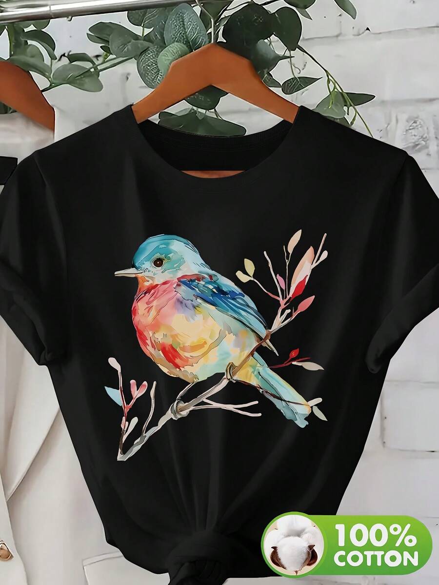 Soft Wo's Slim-Fit, Flattering T-Shirt Is Made From 100% Pure Cotton. This Fabric Is Soft Against The Skin, Breathable, And Moisture-Wicking, Ensuring Comfort Without Feeling Stuffy. The Gart Features A Vibrant Watercolor Design Of Birds Perched On A Branch. - 黑色 - 查看 1