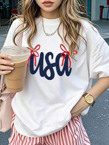 Camiseta de manga corta con cuello redondo y estampado de eslogan, estilo casual de verano para mujer, ropa de moda para el día a día y vacaciones, adecuada para ocasiones cotidianas y festi - Blanco - Ver 2