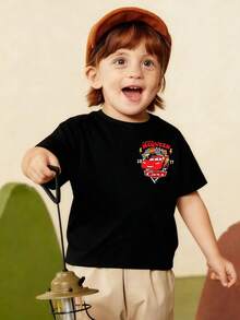 Summer Boys' Lightning McQueen T-Shirt - Boys' Disney *Cars* Printed Tee - Casual Pure Cotton Top With Double-Sided Front And Back Print - màu đen - Xem 2
