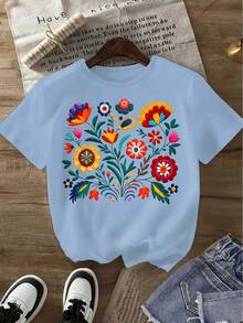 Creative Print T-Shirt, Casual Short Sleeve Top With Round Neck, Fashionable Casual T-Shirt For Women Spring/Summer, Korean Style Loose Short Sleeve. - 黑色 - 查看 5