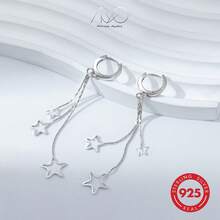 925 Silver Long Star Hollow Tassel Earrings For Women, Minimalist & Sweet, Suitable For Daily, Vacation, Party Wear, Holiday Gift - Silver - View 3