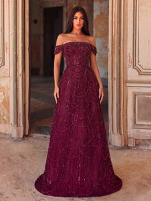 Faeriesty Đầm dạ hội lộng lẫy, sang trọng, hở vai, đính sequin lấp lánh - Đầm maxi dáng đuôi cá có đuôi dài, được trang trí cầu kỳ, phù hợp cho các buổi dạ tiệc thảm đỏ, đám cưới sang trọng, tiệc tối trang trọng và các bữa tiệc thời trang theo chủ đề dưới nước. - Màu Đỏ Sâu - Xem 3