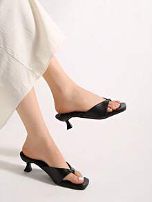 French Retro Open Toe Mule Sandals, Summer Slip-On Sandals, Thick Heel High Heels - Black - View 3