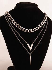1 pieza Collar multicapa, cadena cubana gruesa con colgantes en forma de V y barra, joyería punk de hip-hop para mujer - Estilo 1 - Ver 2