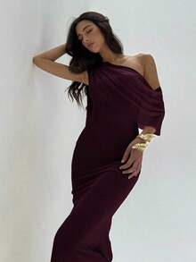 Vestido asimétrico de hombro de unicolor elegante para mujer - Granada - Ver 7