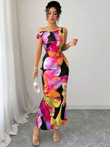 1 pieza Vestido ajustado con estampado floral y cintura ceñida en el hombro oblicuo - Multicolor - Ver 7