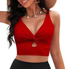 Top de bikini de unicolor, retorcido y calado para vacaciones de verano, casual en color negro - Rojo - Ver 4