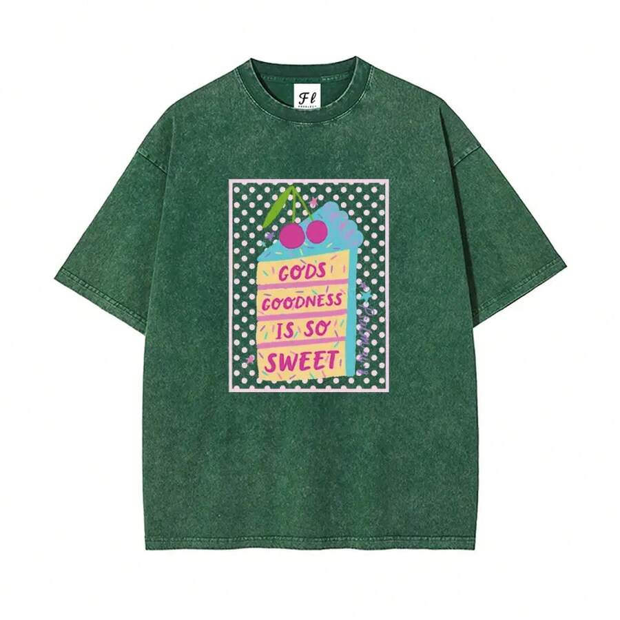 La bondad de Dios es tan dulce - Camiseta Coqueta Cristiana con Efecto Lavado Ácido | Camiseta Adorable con Diseño de Pastel, Estilo Retro "La bondad de Dios es tan dulce" | Top Oversized Coquette Christian - Verde - Ver 1