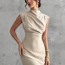 YijiaNvz  Vestido de verano de mujer elegante de unicolor con cuello de pie que ciñe la cintura - Albaricoque - Ver 3