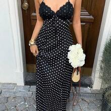 guang zhou mi qian shang mao  Vestido largo con estampado de lunares negros, encaje y parches, escote en V, cuello halter, espalda descubierta, cintura con lazo, para mujer, primavera/verano, elegante para vacaciones/citas/invitada de boda, uso diario minimalista - Blanco - Ver 5