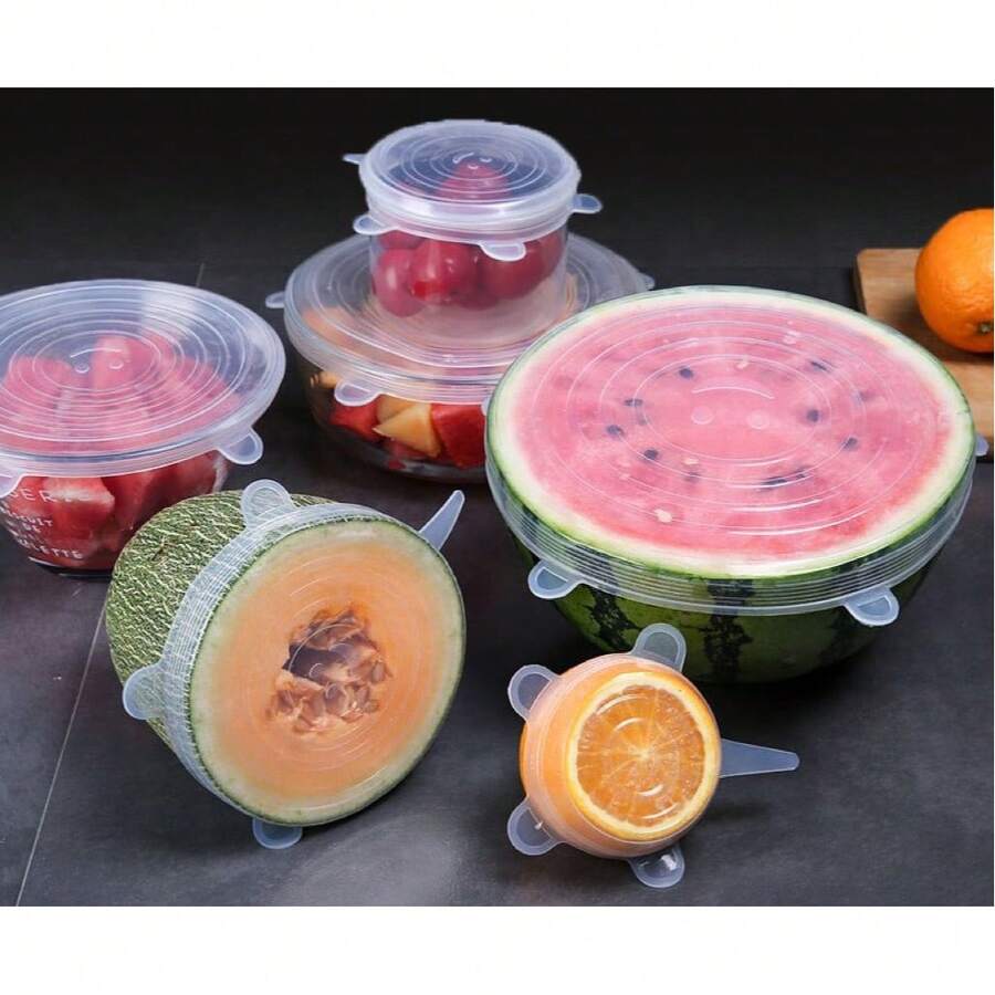 Kit 6 Tampa Silicone transparente Reutilizável Para Potes E Travessas fruta Boa qualidade