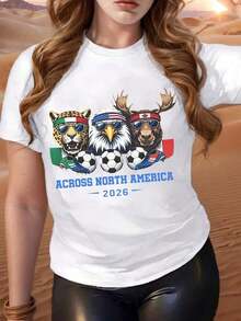 Camiseta Casual con Estampado Gráfico para Mujer, Equipo de Fútbol Animal en Norteamérica, Ropa de Verano 2026 para Aficionados al Deporte e Ideas de Regalo, Camiseta de Talla Grande para Mujer, Camiseta de la Copa Mundial 2026 - Blanco - Ver 6