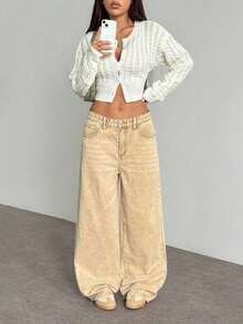 Jeans rectos y sueltos informales con bolsillos para mujeres - Caqui - Ver 2