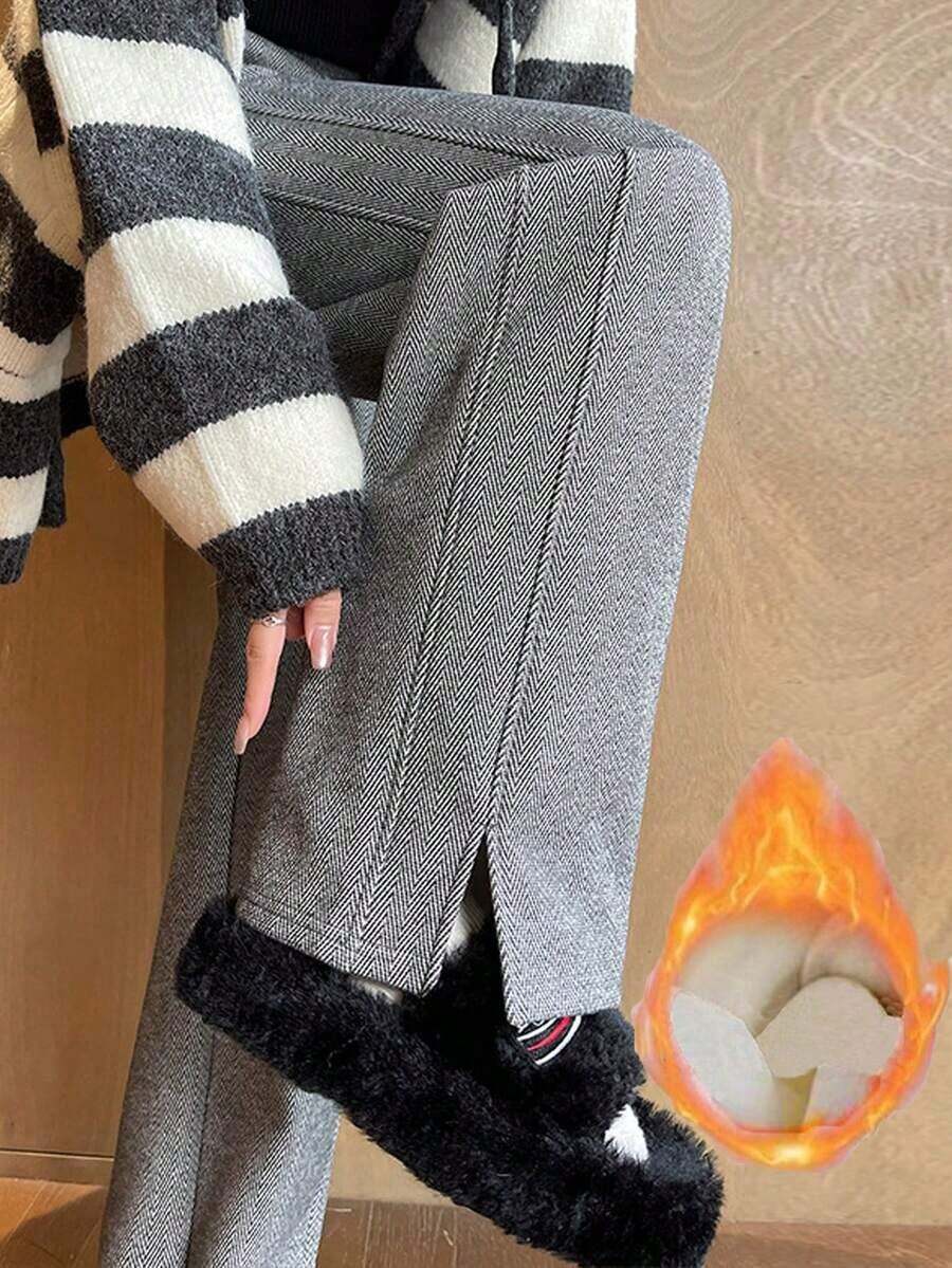 YI XUAN Pantalones anchos con forro térmico para mujer, pantalones rectos casuales térmicos de plátano cálidos para invierno - Gris - Ver 1