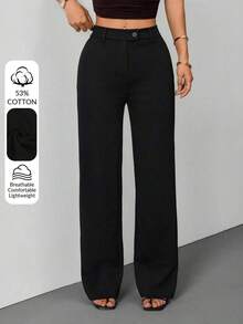 Pantalones rectos casuales de mujer de unicolor con cinturón - Negro 2 - Ver 9